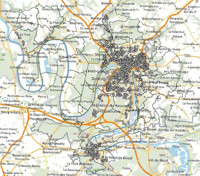 Représentation cartographique des bâtiments des grands ensembles (Tour, Barre, Plots) sur la Métropole Rouen Normandie